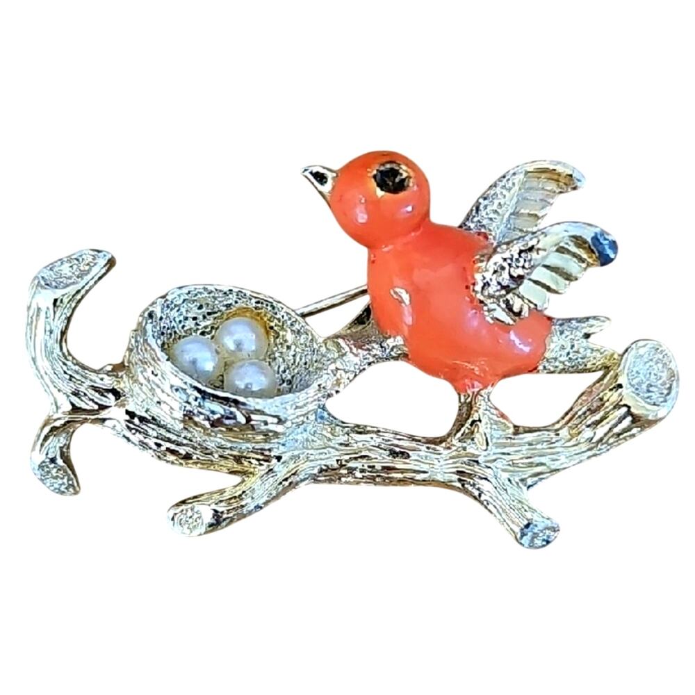 Vintage Gerry's Coral Enamel Bird on Gold-Tone Branch w/Eggs in Nest Brooch 60's